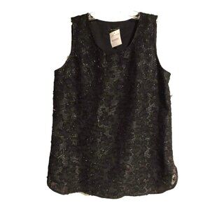 XS Scoop Neck Woven Shell Tank Top Black Floral #4200-3